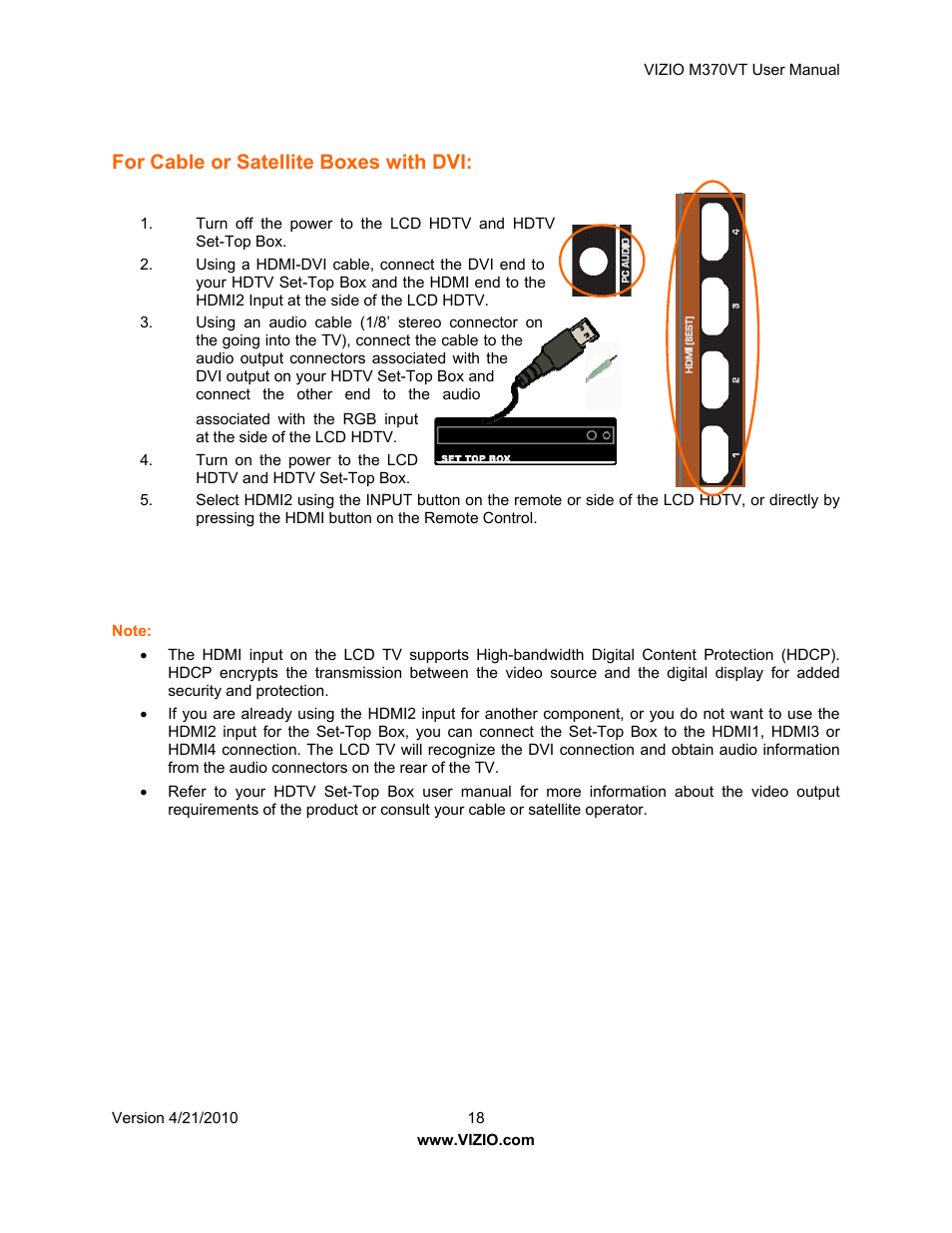 For cable or satellite boxes with dvi | Vizio M370VT User Manual | Page 18 / 86