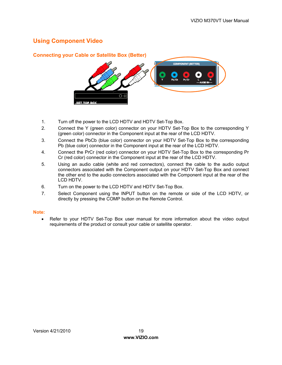 Using component video | Vizio M370VT User Manual | Page 19 / 86