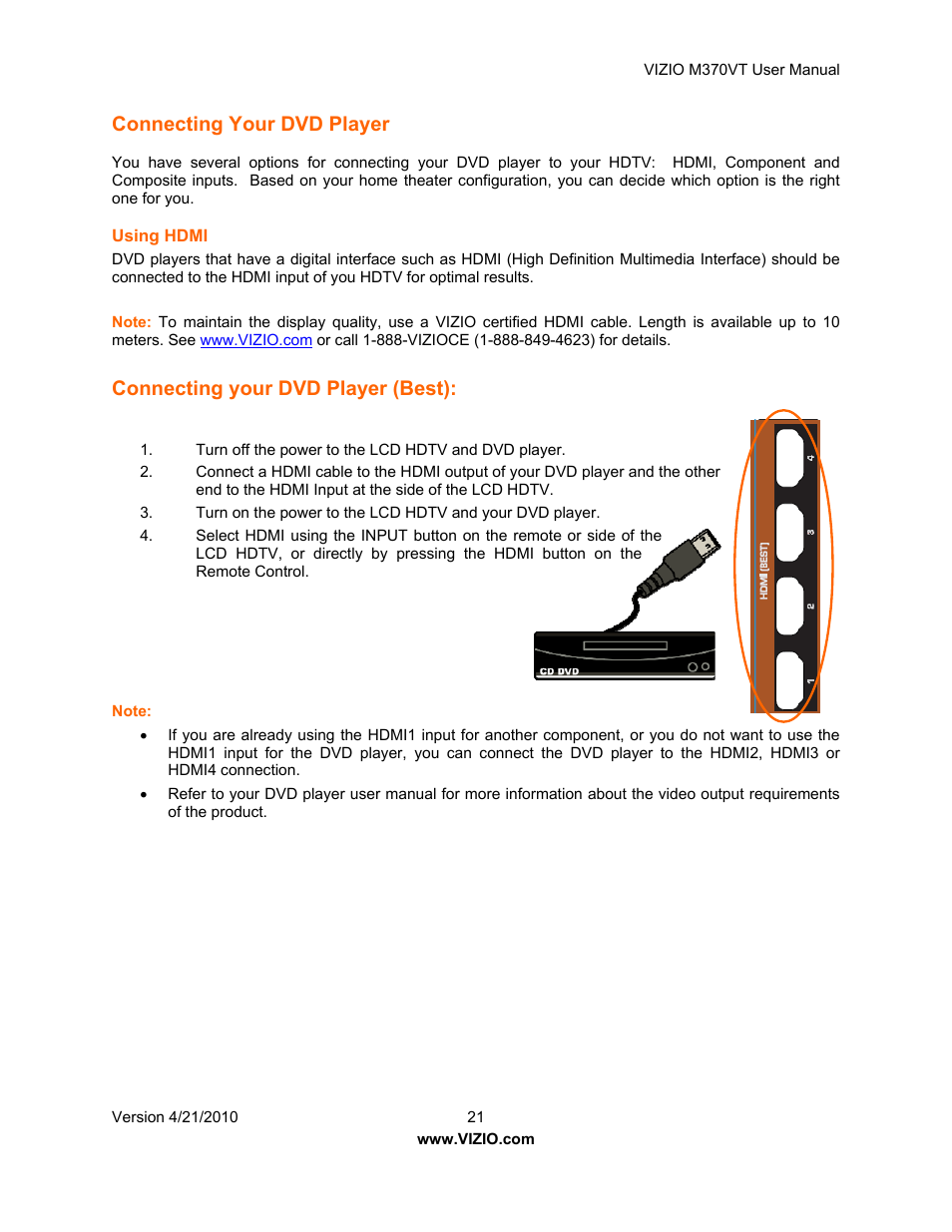 Connecting your dvd player, Connecting your dvd player (best) | Vizio M370VT User Manual | Page 21 / 86
