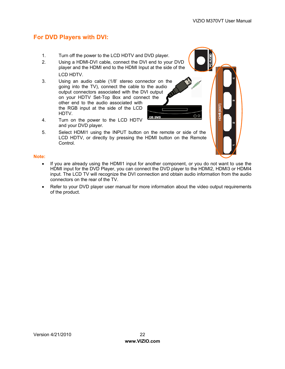 For dvd players with dvi | Vizio M370VT User Manual | Page 22 / 86