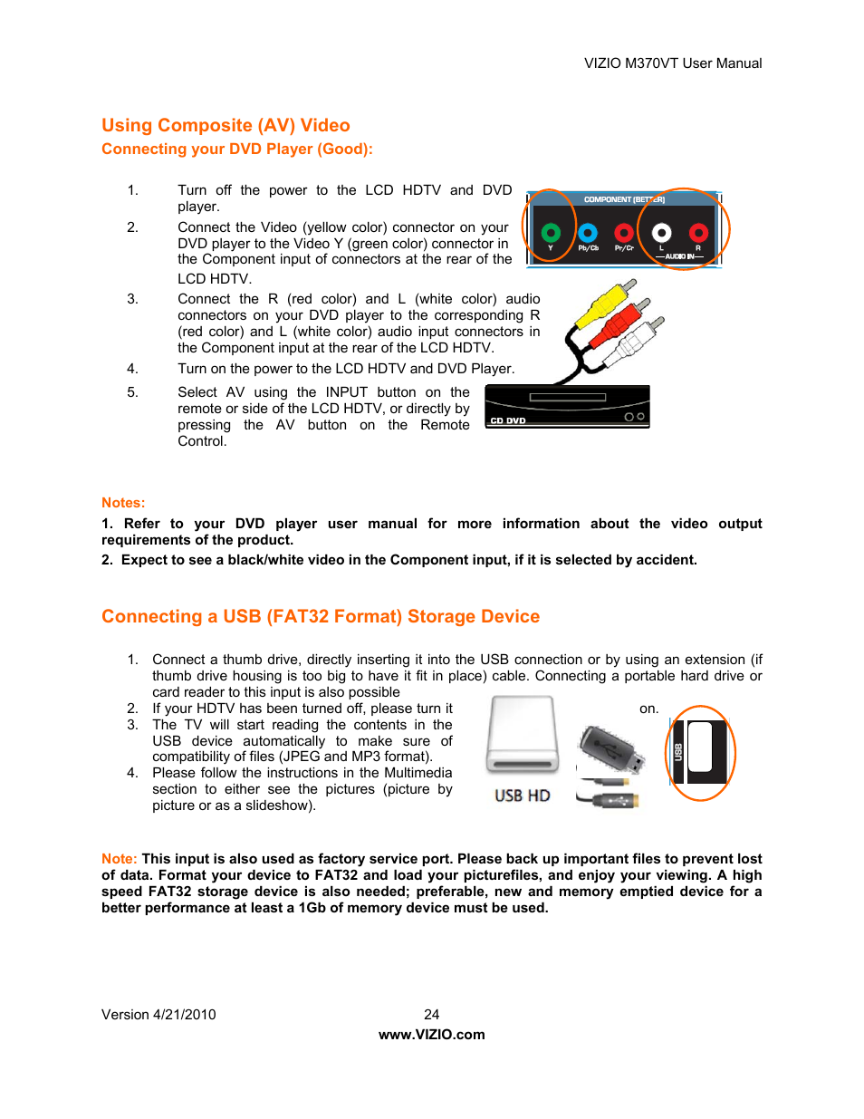 Using composite (av) video, Connecting a usb (fat32 format) storage device | Vizio M370VT User Manual | Page 24 / 86