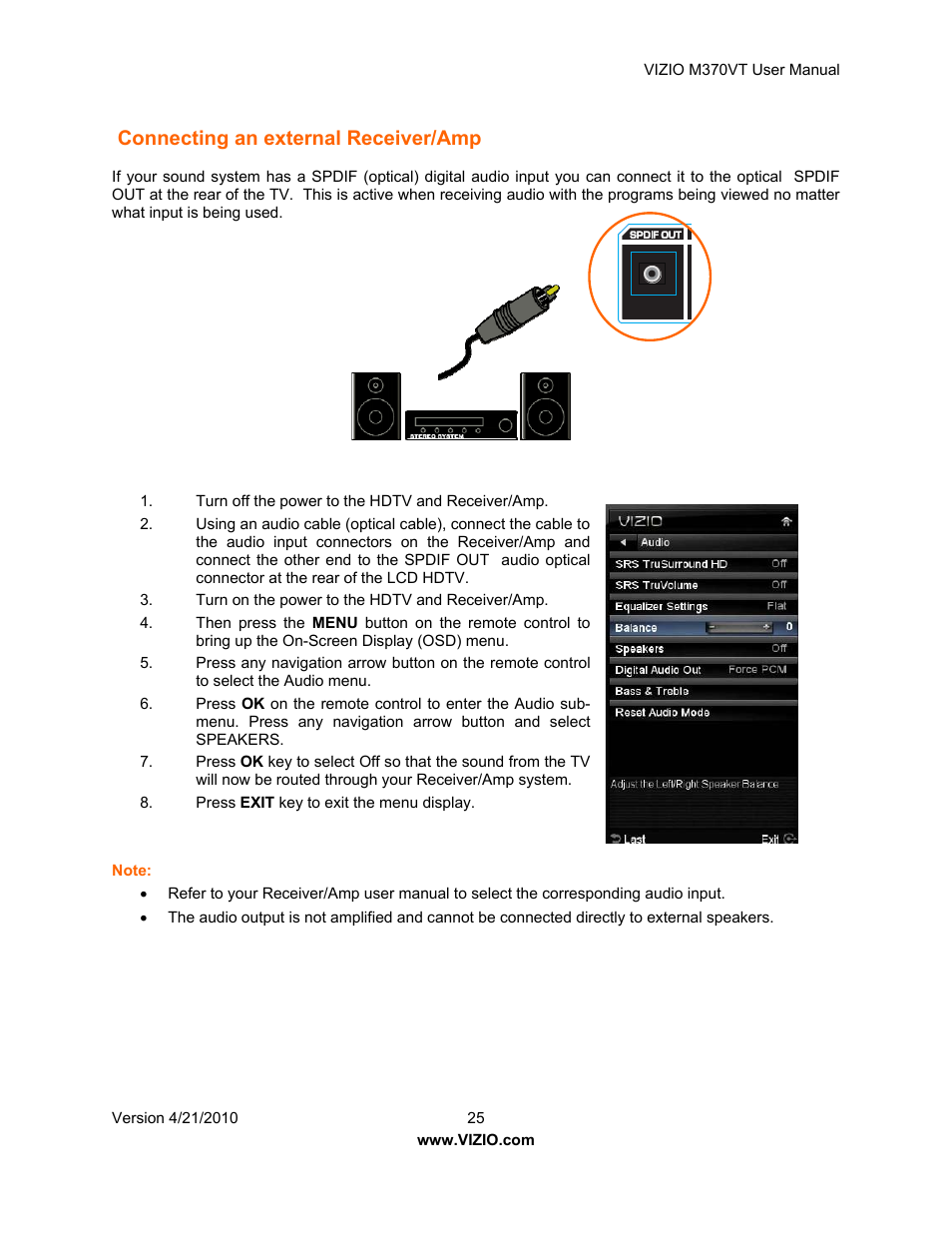 Connecting an external receiver/amp | Vizio M370VT User Manual | Page 25 / 86