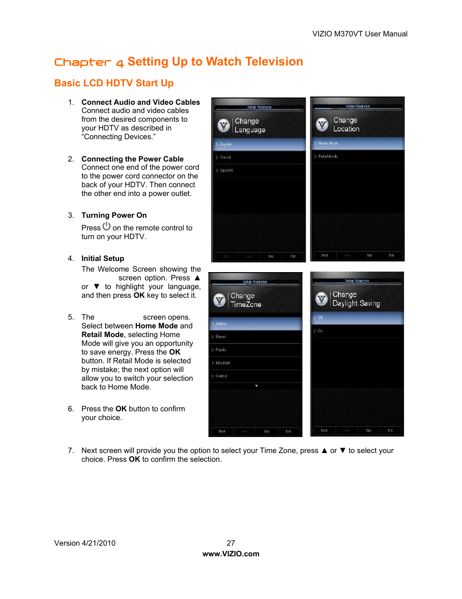 Setting up to watch television, Chapter 4, Basic lcd hdtv start up | Vizio M370VT User Manual | Page 27 / 86