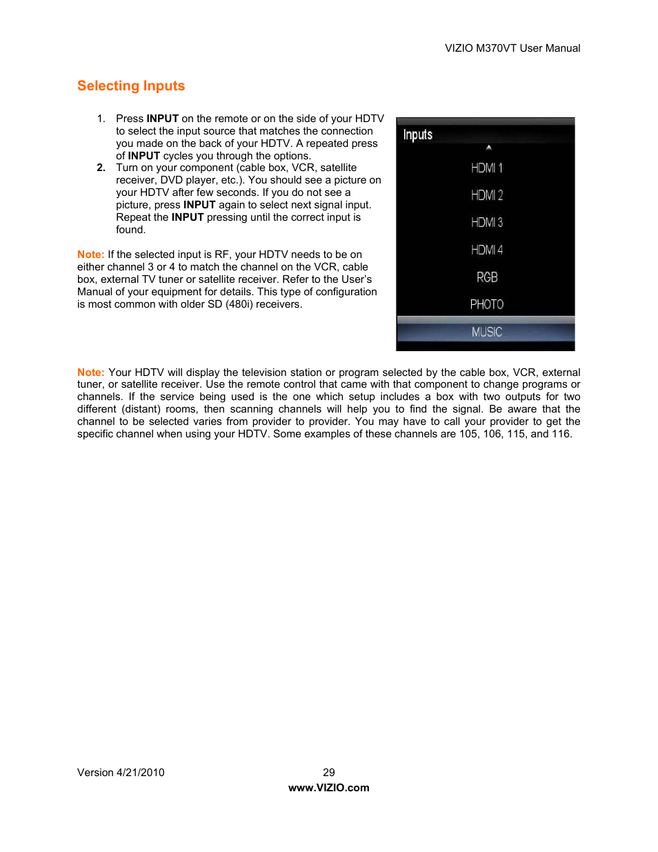 Selecting inputs | Vizio M370VT User Manual | Page 29 / 86