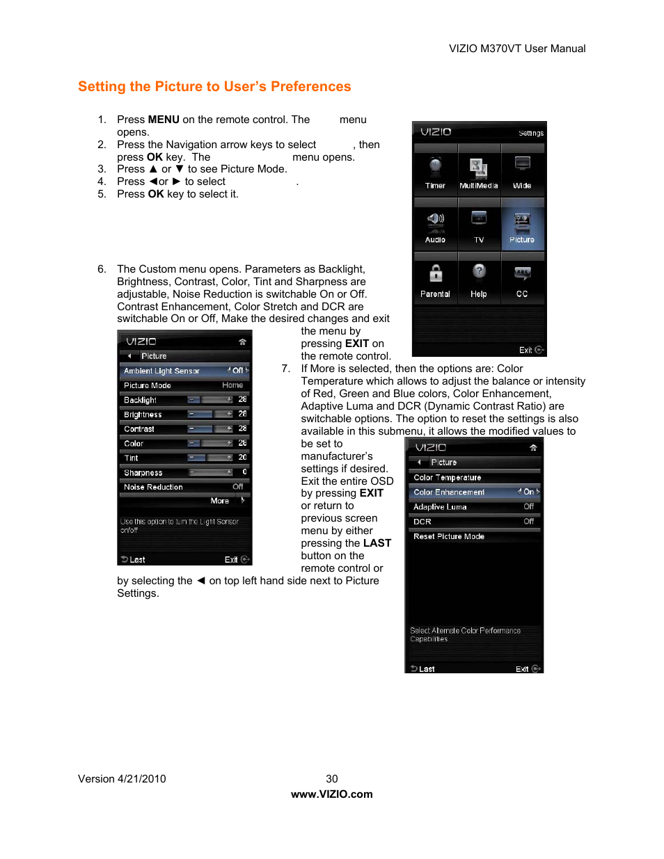 Setting the picture to user’s preferences | Vizio M370VT User Manual | Page 30 / 86