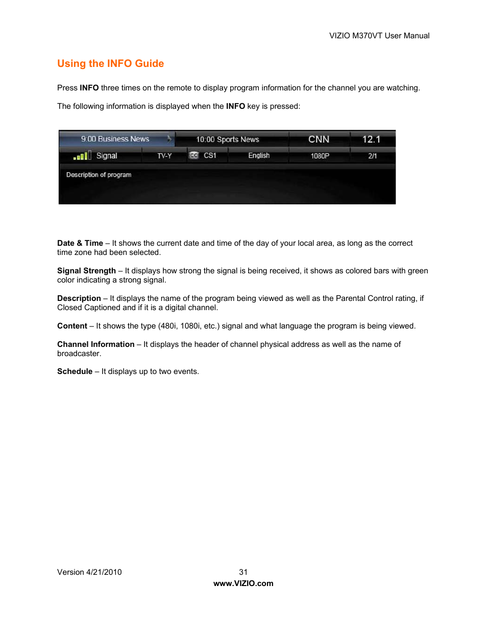 Using the info guide | Vizio M370VT User Manual | Page 31 / 86