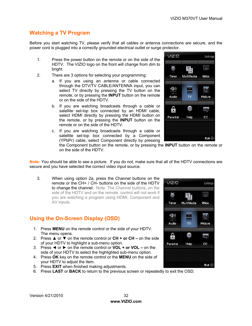 Watching a tv program, Using the on-screen display (osd) | Vizio M370VT User Manual | Page 32 / 86
