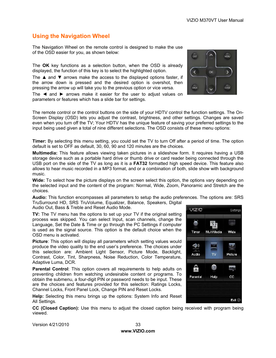 Using the navigation wheel | Vizio M370VT User Manual | Page 33 / 86