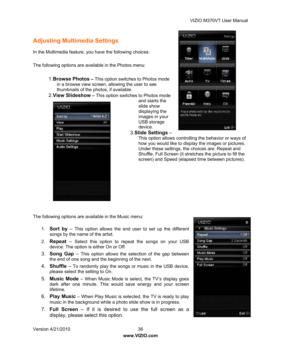 Adjusting multimedia settings | Vizio M370VT User Manual | Page 36 / 86