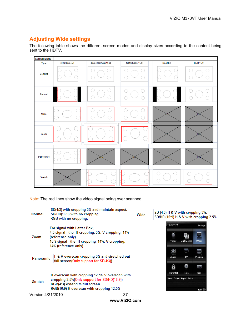 Adjusting wide settings | Vizio M370VT User Manual | Page 37 / 86