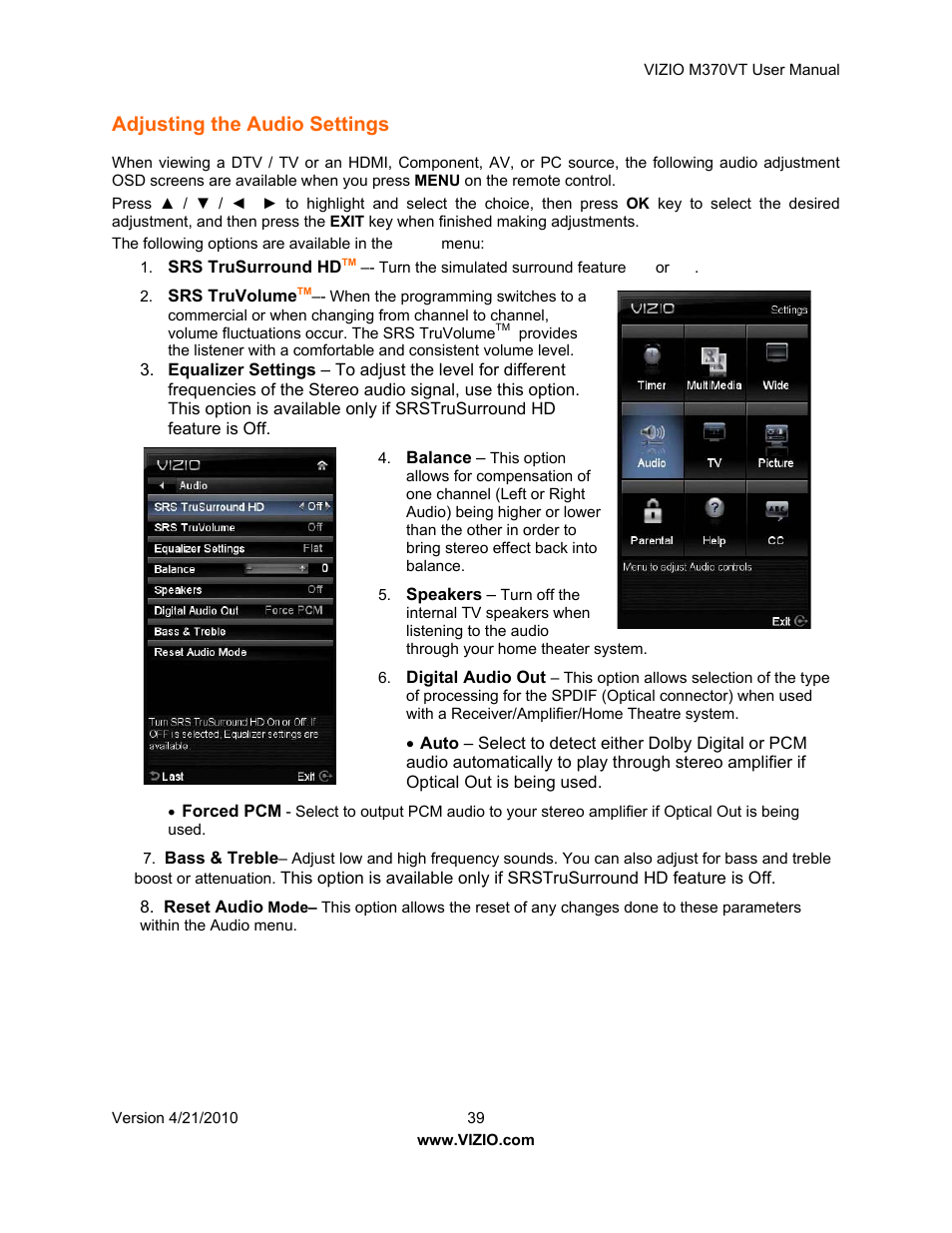 Adjusting the audio settings | Vizio M370VT User Manual | Page 39 / 86