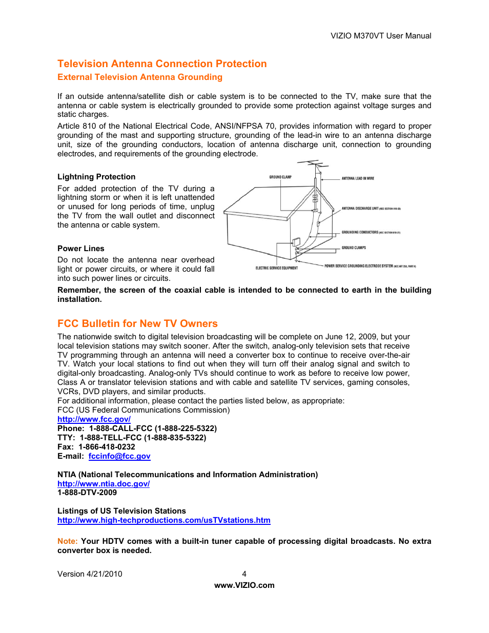 Television antenna connection protection, Fcc bulletin for new tv owners | Vizio M370VT User Manual | Page 4 / 86