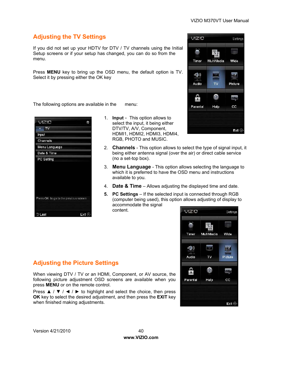 Adjusting the tv settings, Adjusting the picture settings | Vizio M370VT User Manual | Page 40 / 86