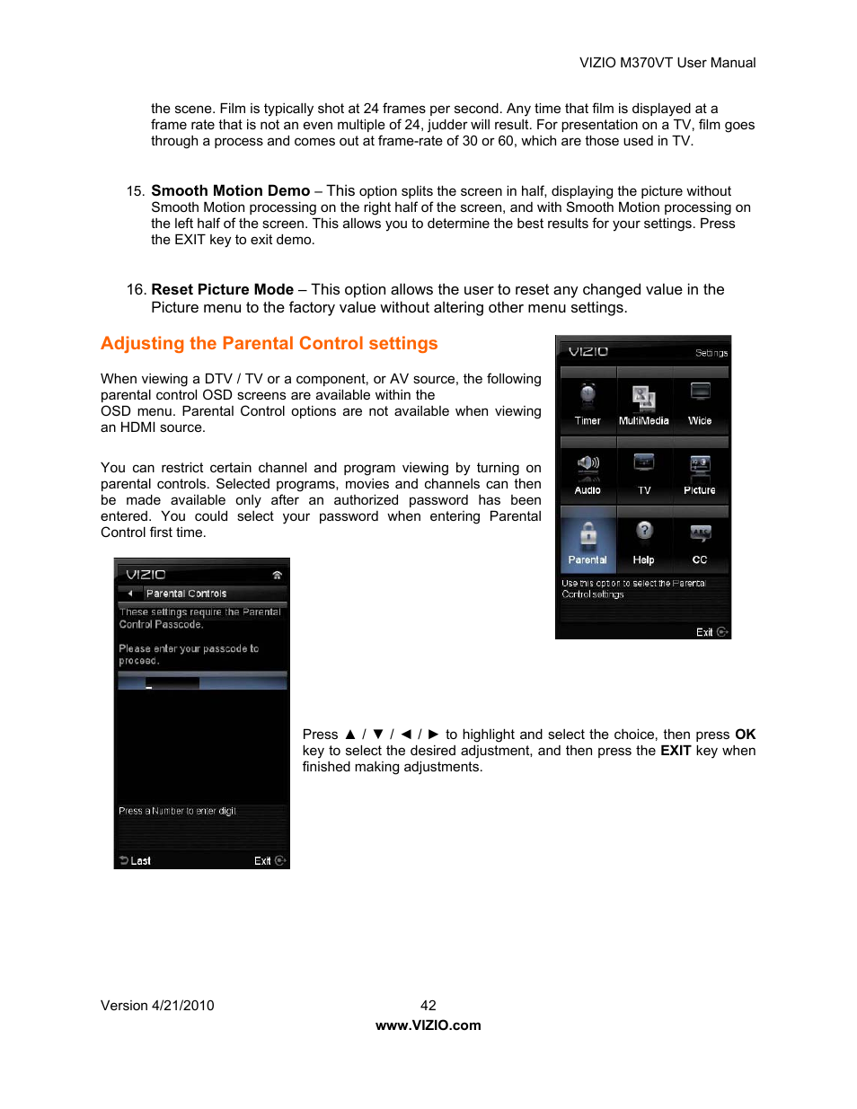 Adjusting the parental control settings | Vizio M370VT User Manual | Page 42 / 86