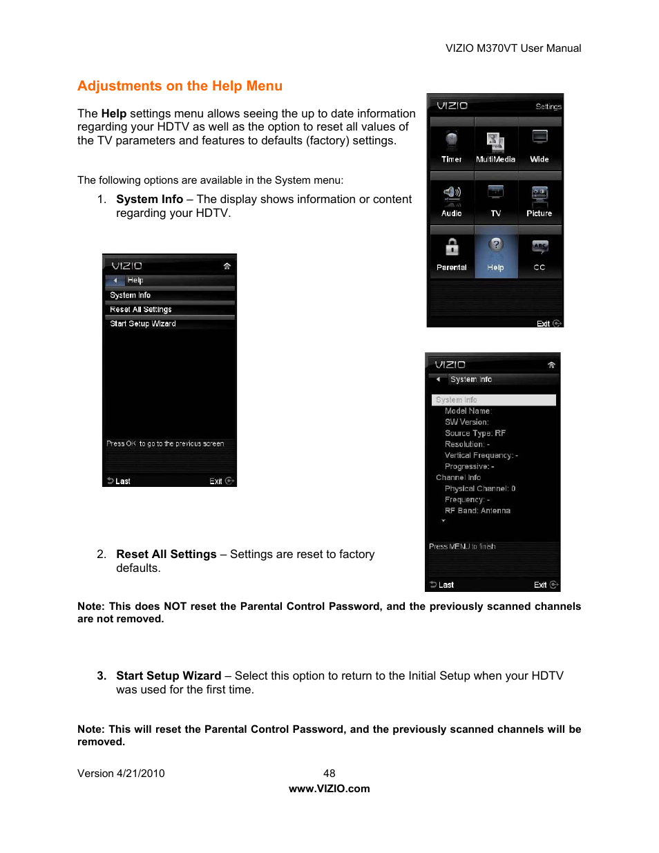 Adjustments on the help menu | Vizio M370VT User Manual | Page 48 / 86