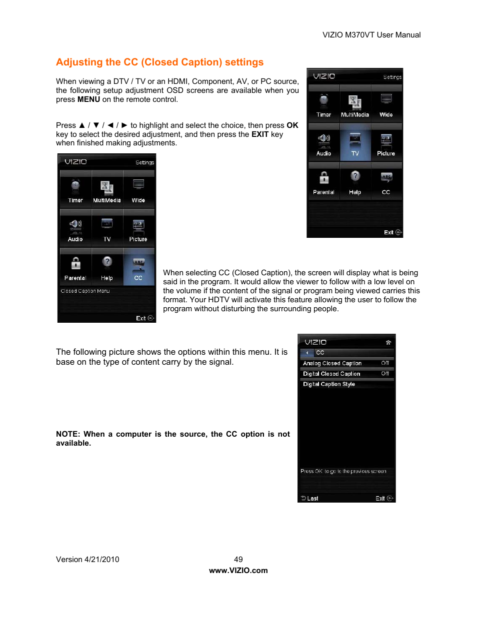 Adjusting the cc (closed caption) settings | Vizio M370VT User Manual | Page 49 / 86