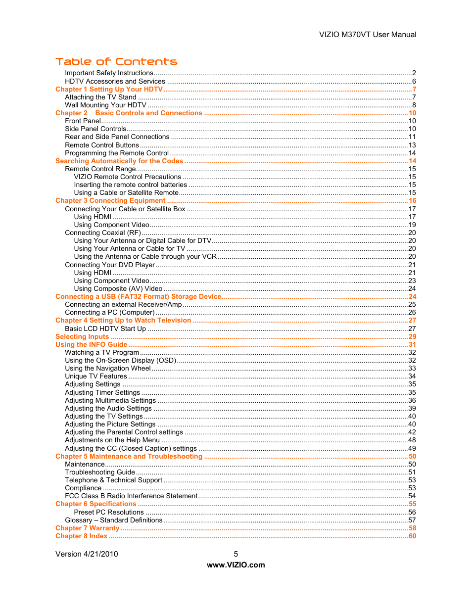 Vizio M370VT User Manual | Page 5 / 86