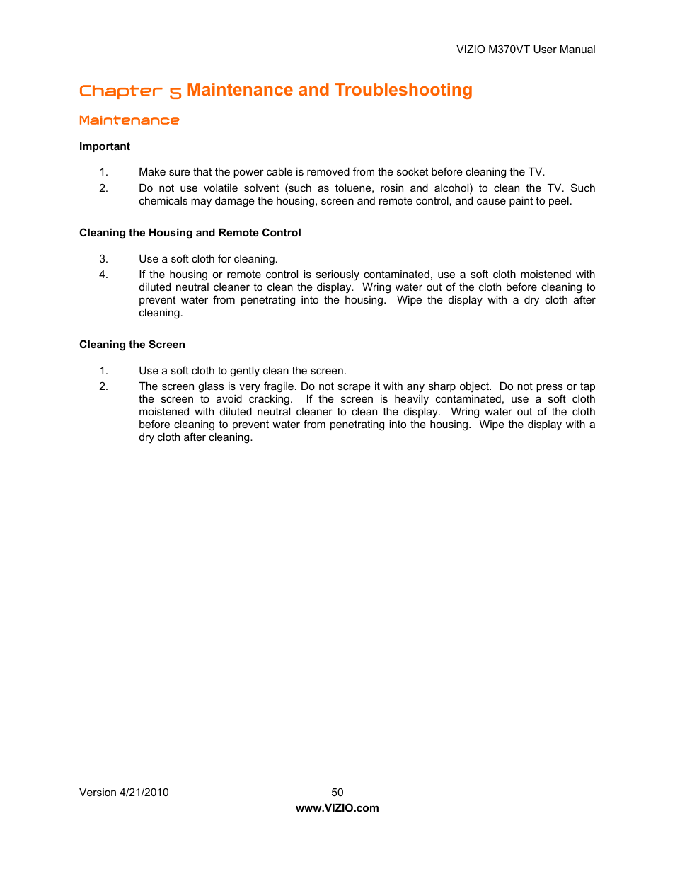 Maintenance and troubleshooting, Chapter 5 | Vizio M370VT User Manual | Page 50 / 86