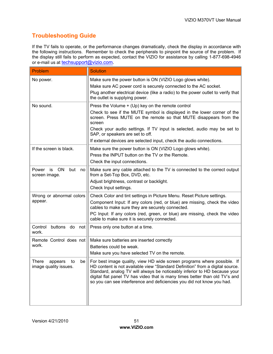 Troubleshooting guide | Vizio M370VT User Manual | Page 51 / 86