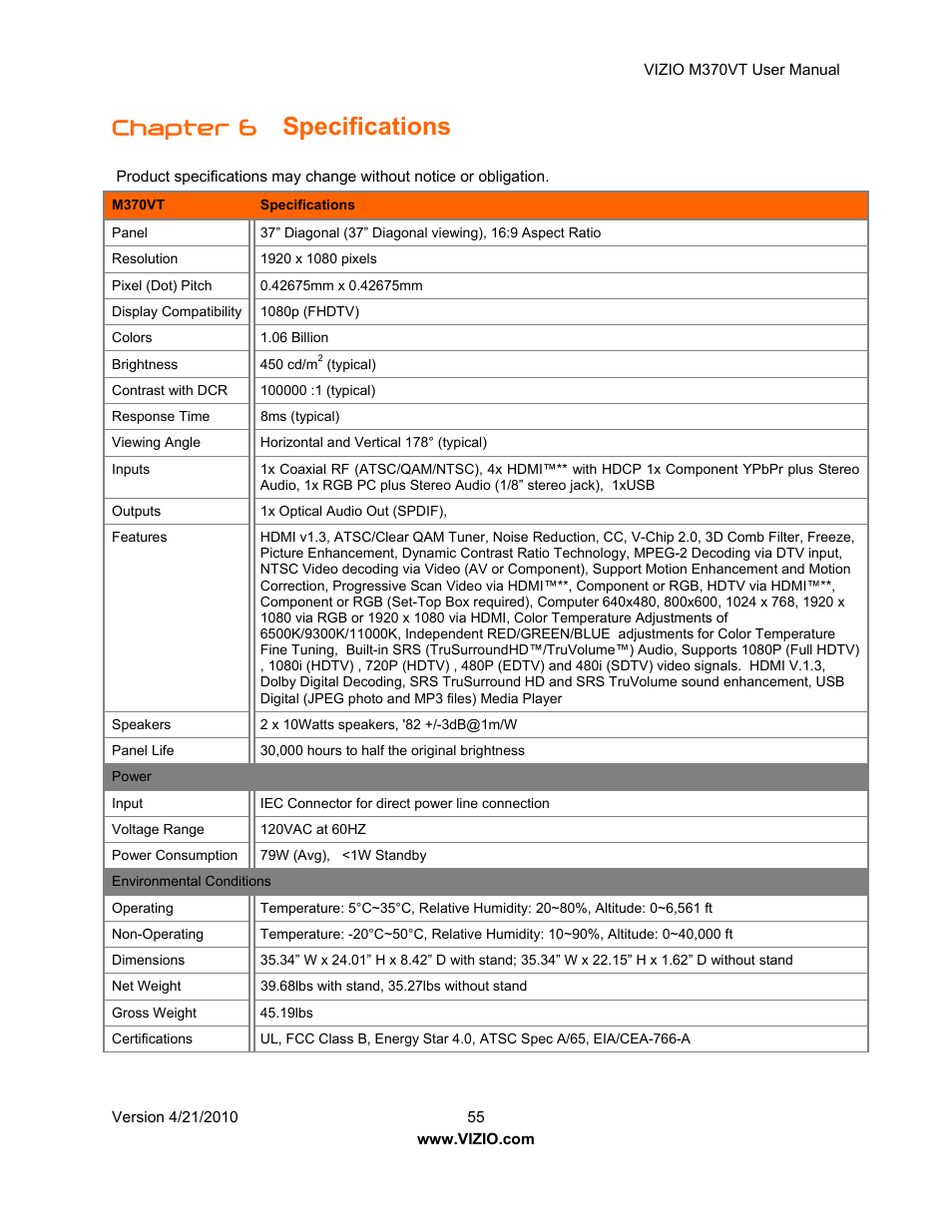 Specifications, Chapter 6 | Vizio M370VT User Manual | Page 55 / 86