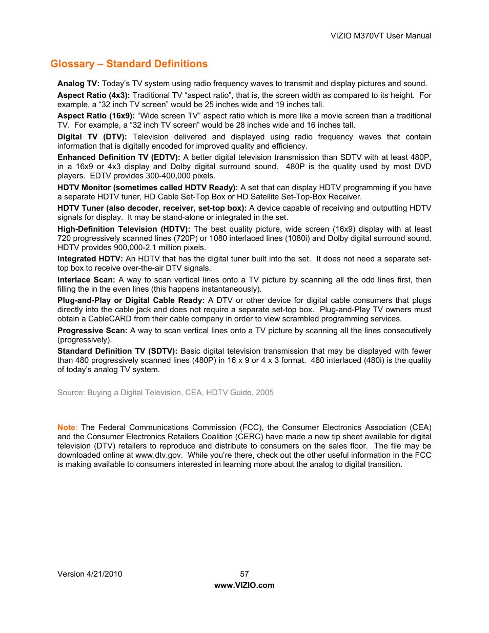 Glossary – standard definitions | Vizio M370VT User Manual | Page 57 / 86