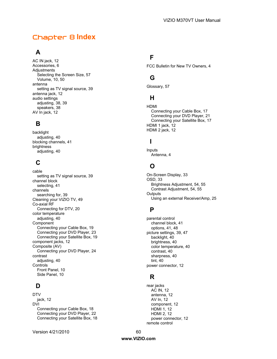 Index, Chapter 8 | Vizio M370VT User Manual | Page 60 / 86
