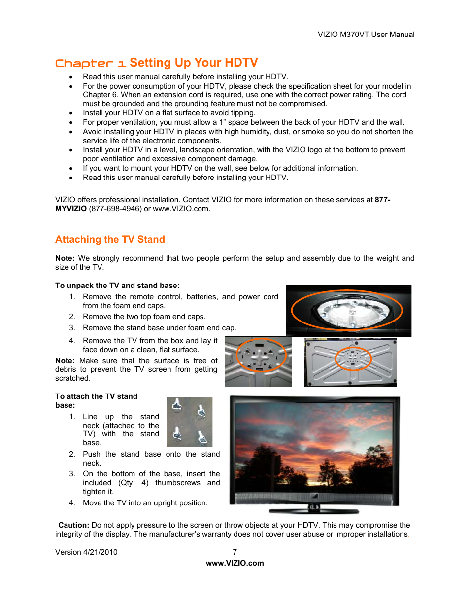 Setting up your hdtv, Chapter 1, Attaching the tv stand | Vizio M370VT User Manual | Page 7 / 86