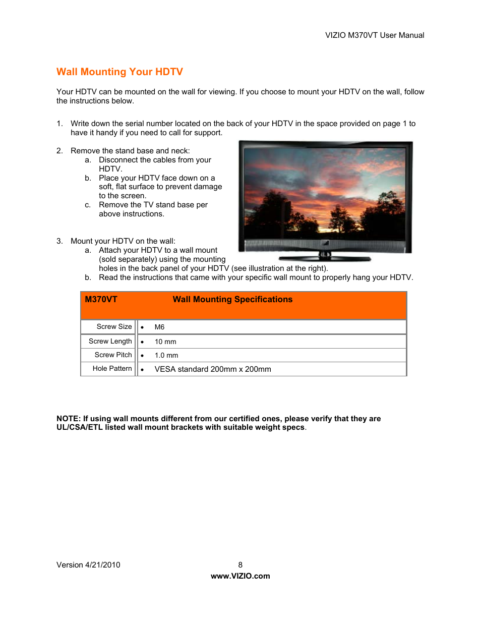 Wall mounting your hdtv | Vizio M370VT User Manual | Page 8 / 86