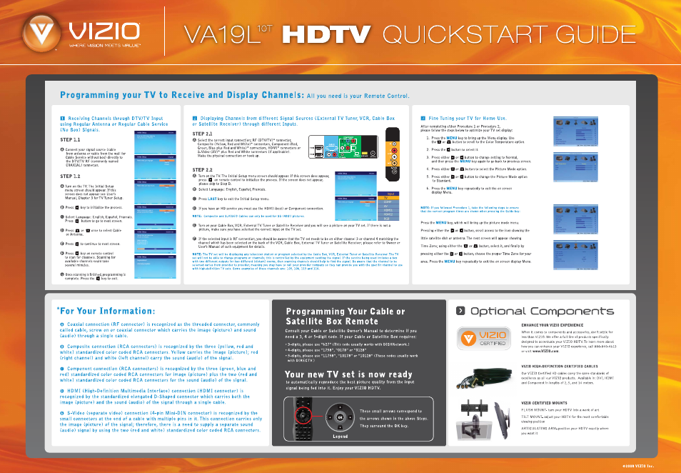 J\z\o, Va19l, Quickstart gljid | Step 1.1, Step 1.2, Step 2.1, Step 2.2, For your information, Programming your cable or satellite box remote, Your new tv set is now ready | Vizio VA19L10T User Manual | Page 2 / 2