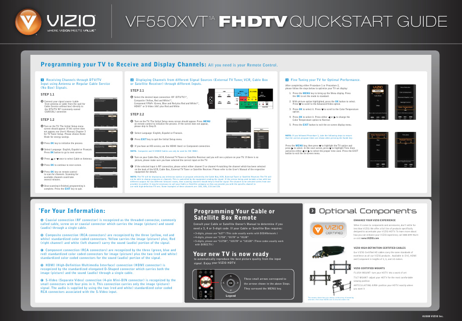 Vf550xvt1a_qsg_back_111008, Vf550xvt fhdtv quickstart guide, Ptional | Programming your cable or satellite box remote, For your information, Your new tv is now ready | Vizio VF550XVT1A User Manual | Page 2 / 2