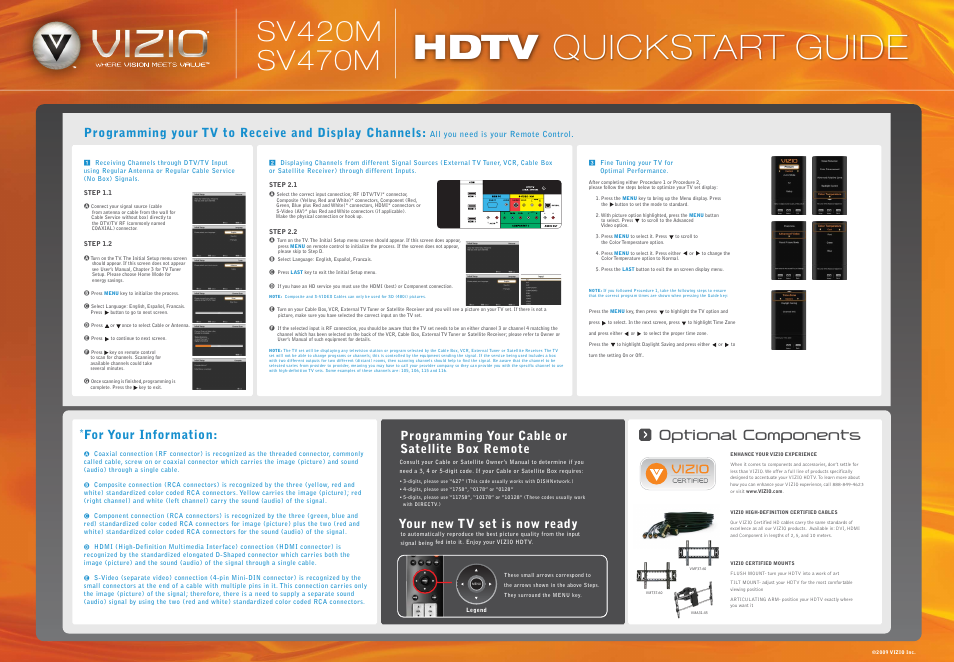 Hdtv quickstart guide, Ptional, Programming your cable or satellite box remote | For your information, Your new tv set is now ready | Vizio SV470M User Manual | Page 2 / 2