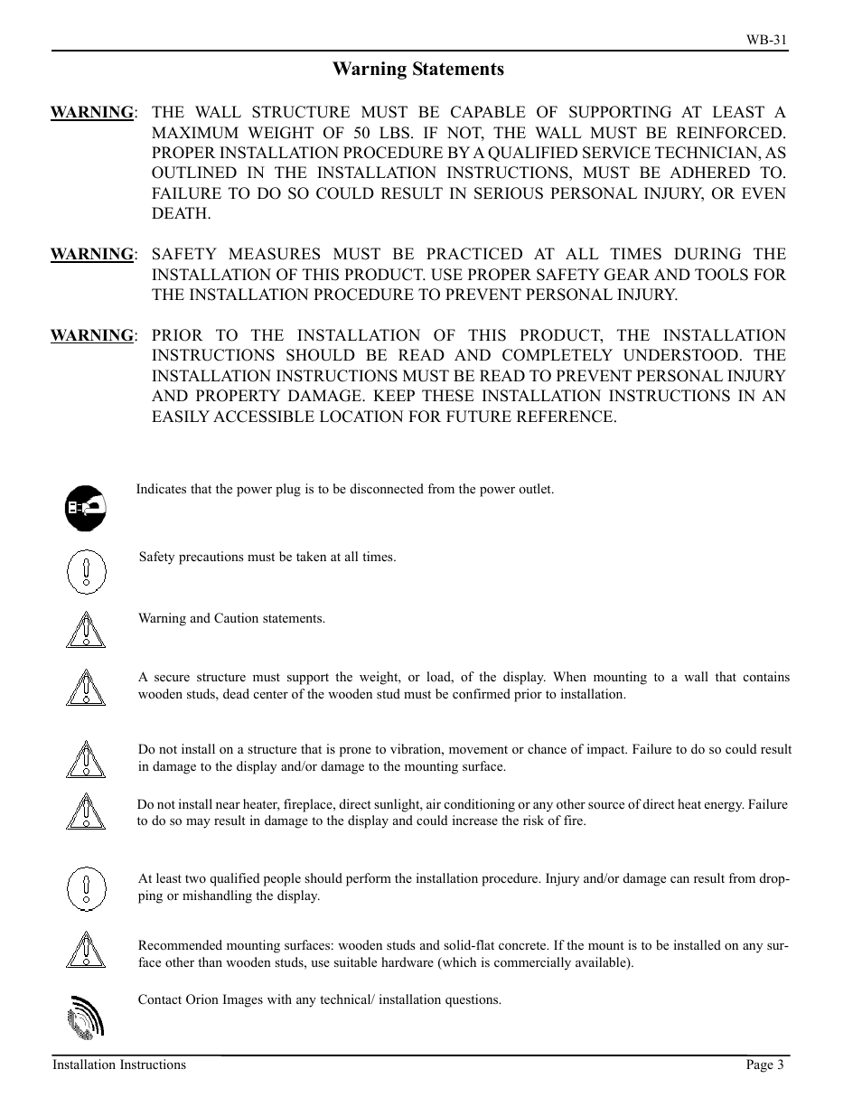 Warning statements | Vizio WB-31 User Manual | Page 3 / 12