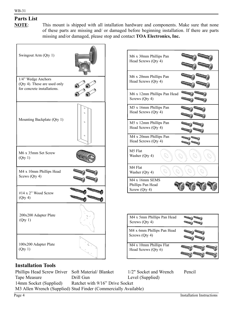 Parts list, Installation tools | Vizio WB-31 User Manual | Page 4 / 12