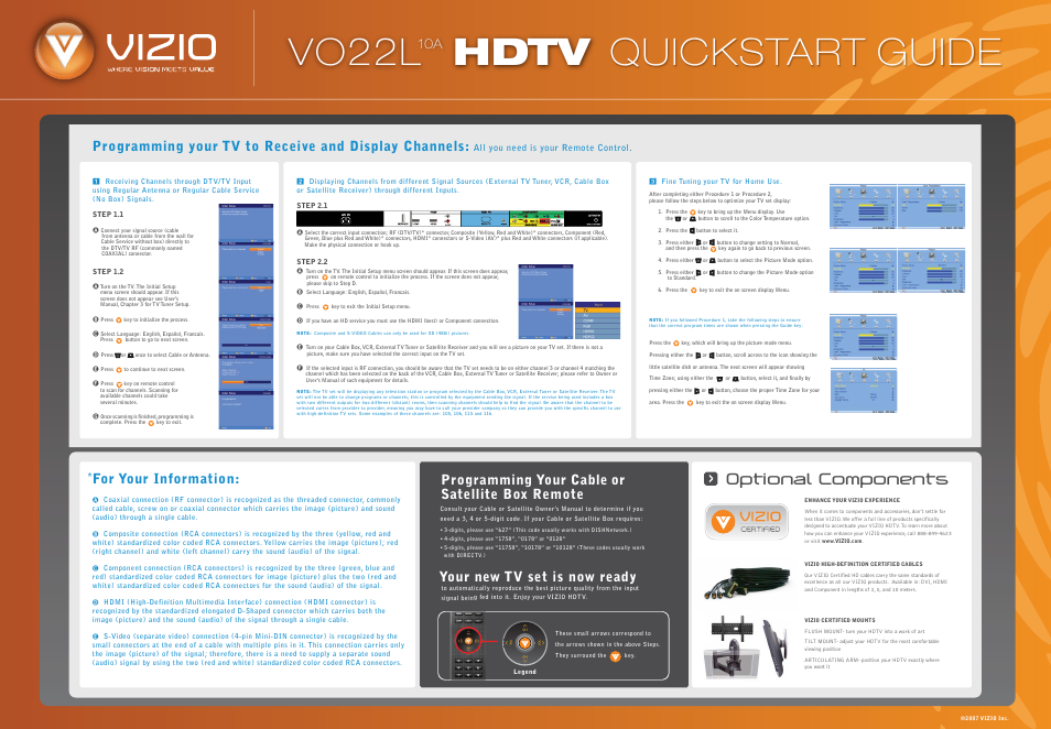 Vo22l_10a_qsg_back_011008, Vo22l hdtv quickstart guide, Ptional | Programming your cable or satellite box remote, For your information, Your new tv set is now ready | Vizio VO22L10A User Manual | Page 2 / 2