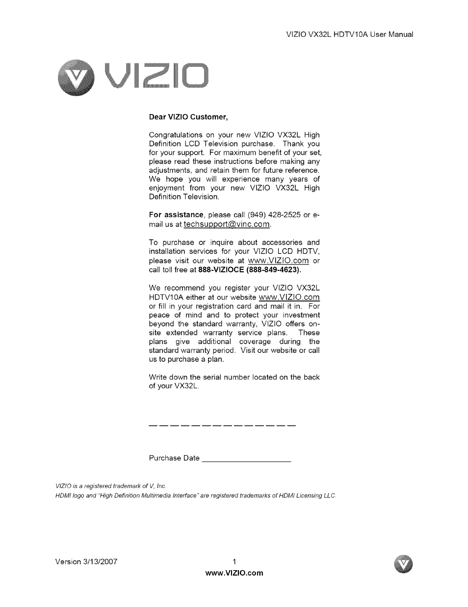 Vizio VX32L User Manual | 55 pages