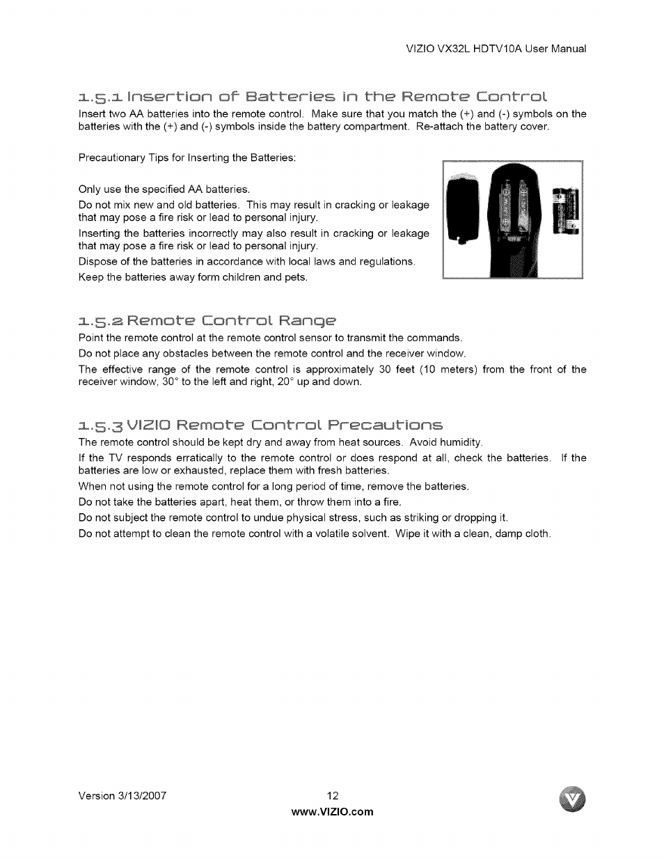 X.5.2 remote control ranqe, I/ c i i iote control precautions, 1 insertion of batteries in the remote control | Vizio VX32L User Manual | Page 12 / 55