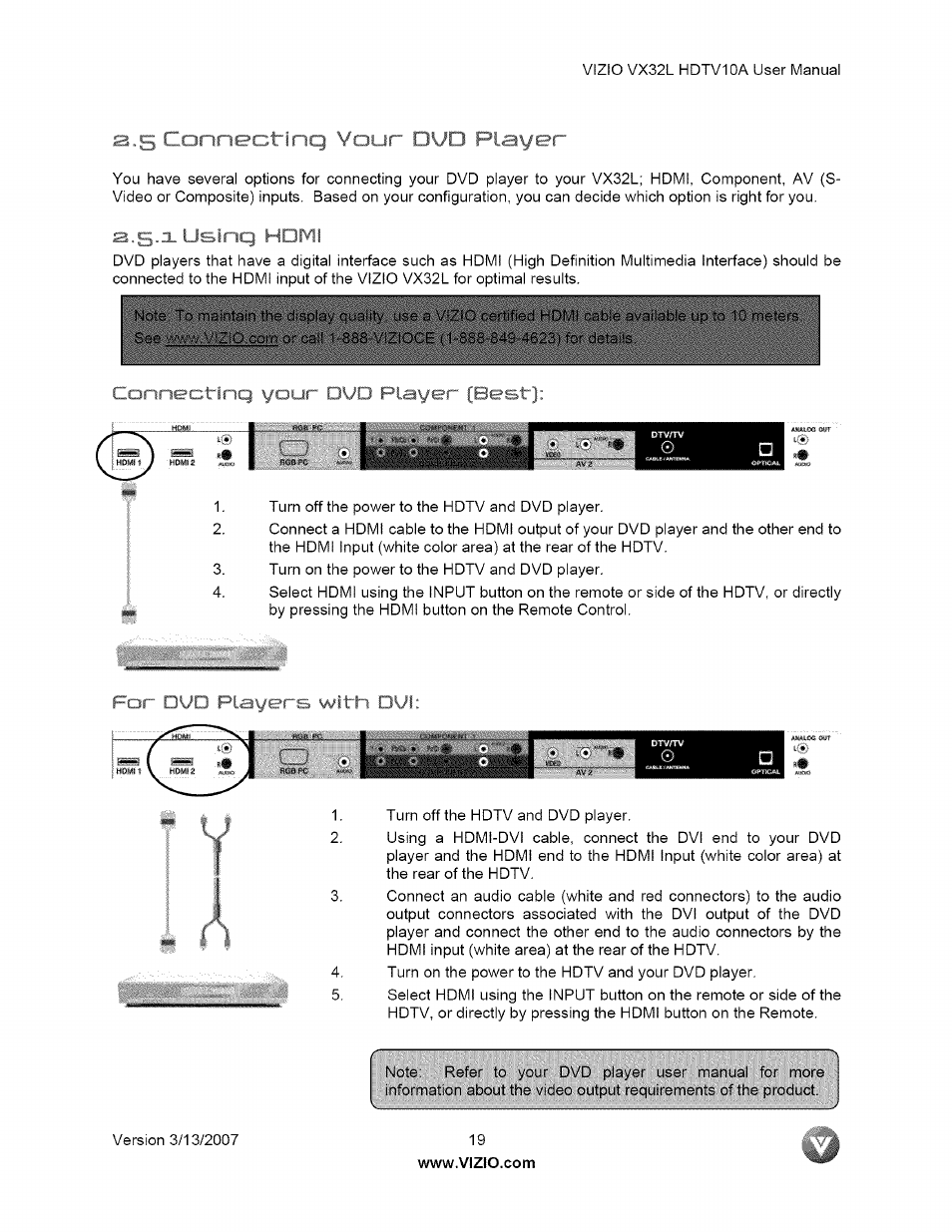 J r nnectinq your dud playe^r, U f ^ idmi, Connectinq your oyd riaver ¡best | For dud players with oul, 5 connecting your dvd player, Players | Vizio VX32L User Manual | Page 19 / 55