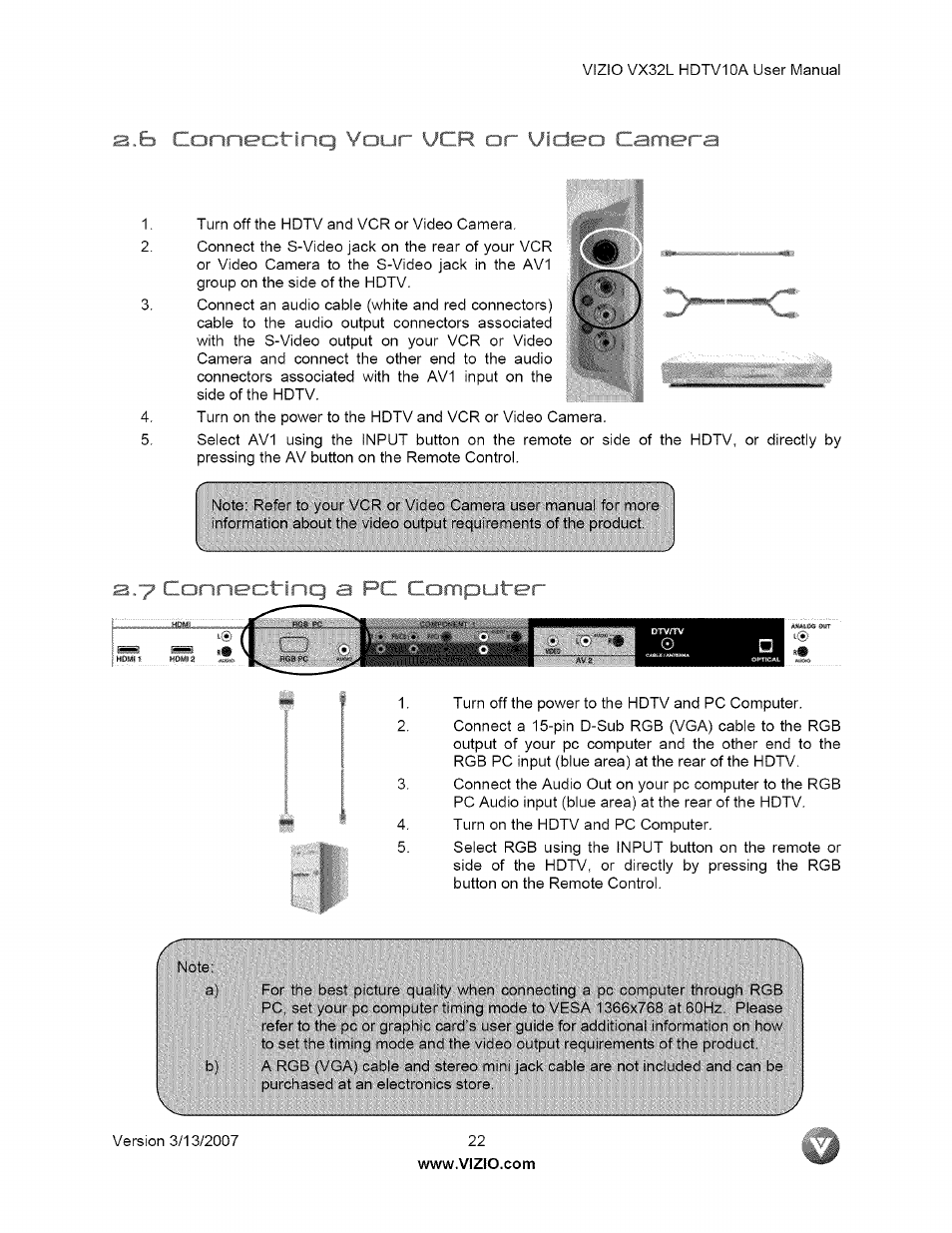 B cannectir n < ur vcr or, Pc computer | Vizio VX32L User Manual | Page 22 / 55