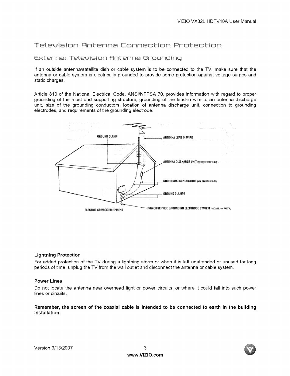 F < i 1 rnirenna connection protection, At te, I 1 rnirenna connection protection | Vizio VX32L User Manual | Page 3 / 55