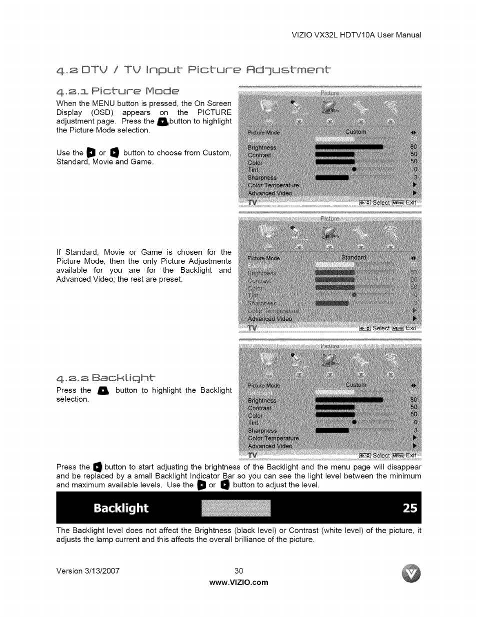 S dtu / tv input, Wi' ^ nv *n ¡re mode, I . i i r i ;kliqht | Vizio VX32L User Manual | Page 30 / 55