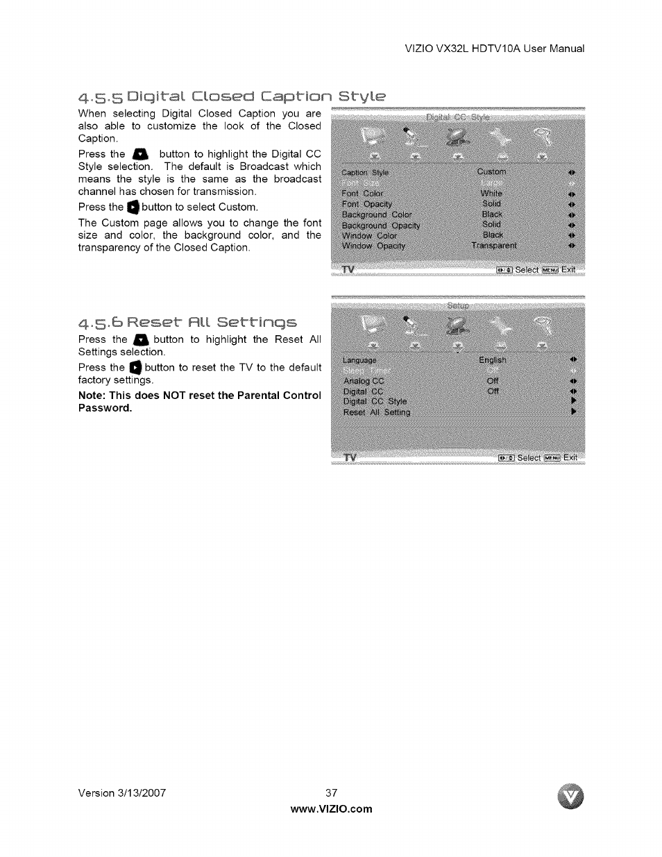 5 dv ^ i ril clc ' f h i f . / an style, B reset hll settinqs, 5 dv | Style, F h i f | Vizio VX32L User Manual | Page 37 / 55