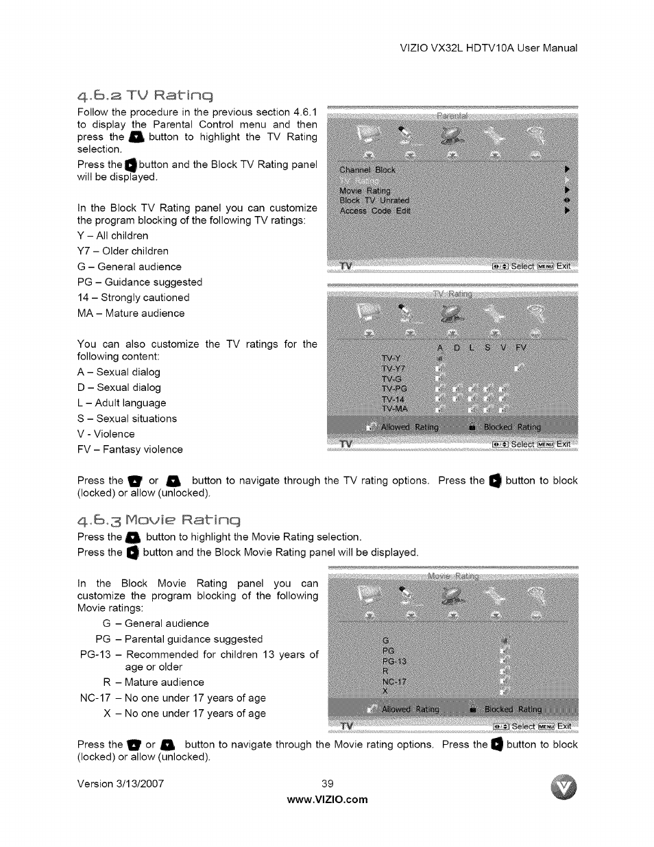 R - i nq, Kovie ratinq | Vizio VX32L User Manual | Page 39 / 55