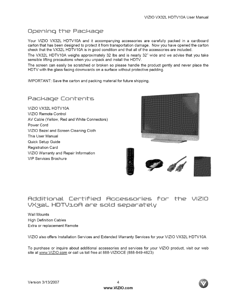 Op^“'i .'f' j r m i okaqe, Packaqe contents | Vizio VX32L User Manual | Page 4 / 55