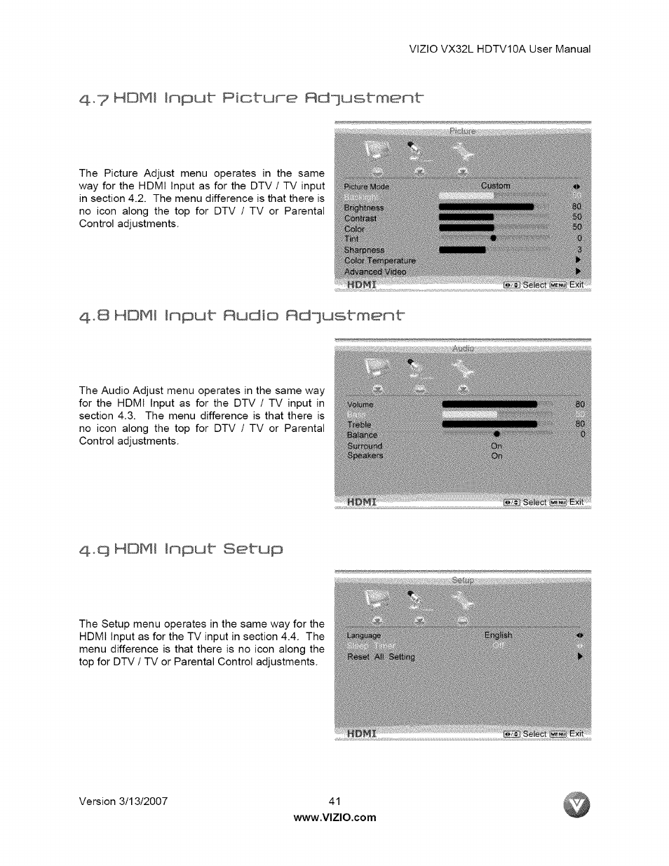 4 y i idmi input picture rdiustment, F ' holti 4'>ut ruciv ' ficjiustment, Q hditi ;< setup | Holti 4'>ut ruciv ' ficjiustment | Vizio VX32L User Manual | Page 41 / 55