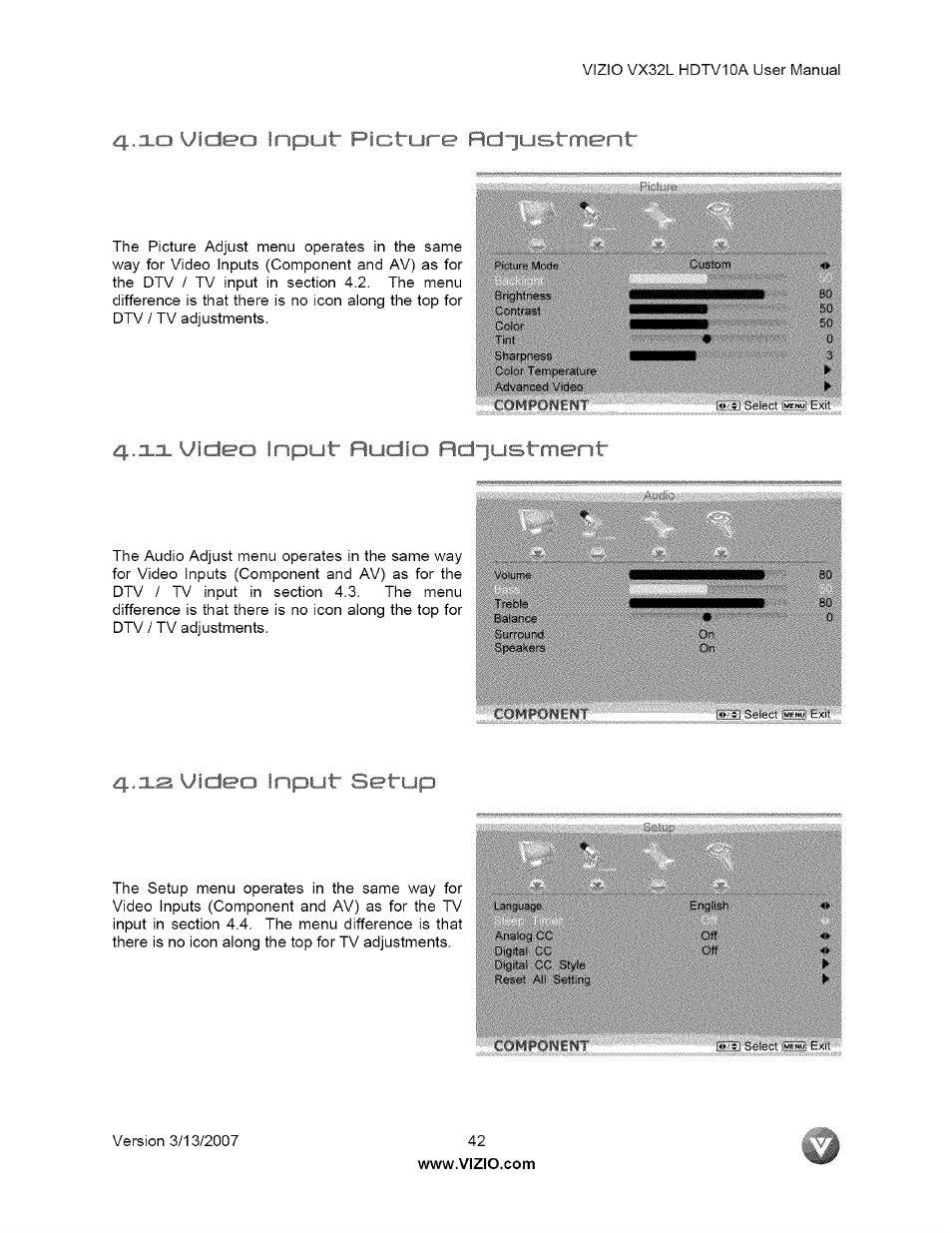 Io uideo lr'4 li it- i ■'¿rj-ijre i, V, . i > input, V,. n , *; rv ; ' input setup | Cghpohent, T..■ : pt ^ .■ '! on | Vizio VX32L User Manual | Page 42 / 55