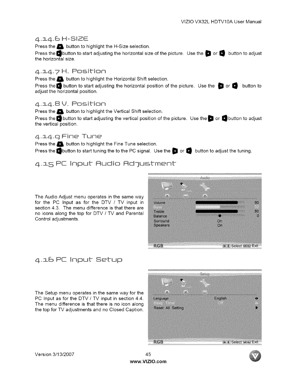 X4..e1 h-size, X4 h. position, X4.8u. position | Z-’ n ii ,r i mi le, V, n i i. .put rudio rdiustment, I > r i f .put setup, Put setup | Vizio VX32L User Manual | Page 45 / 55