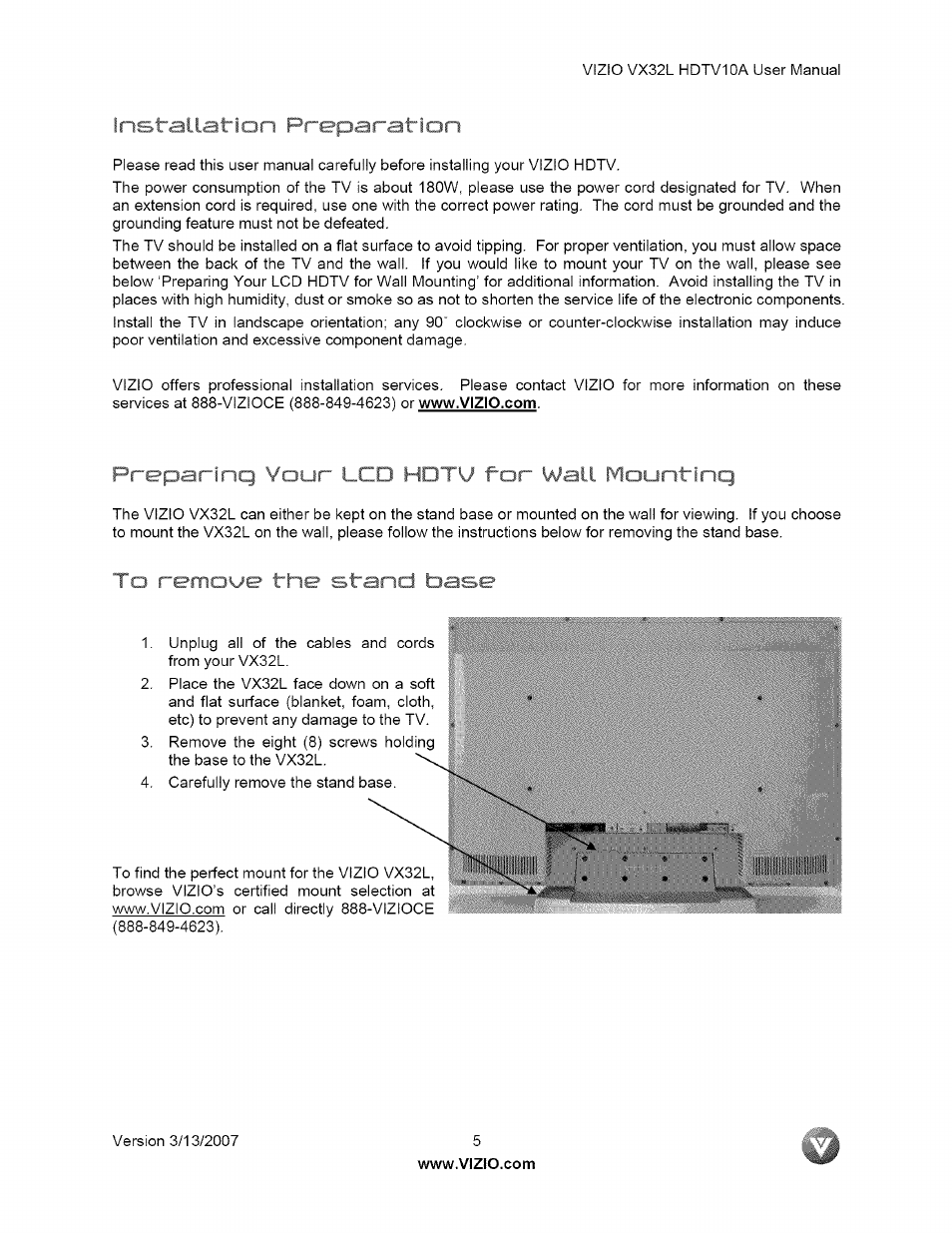 In preparation, Preparinq your p i • f y mir wall mountinq, To remoue the star * m v ^ se | V ^ se | Vizio VX32L User Manual | Page 5 / 55