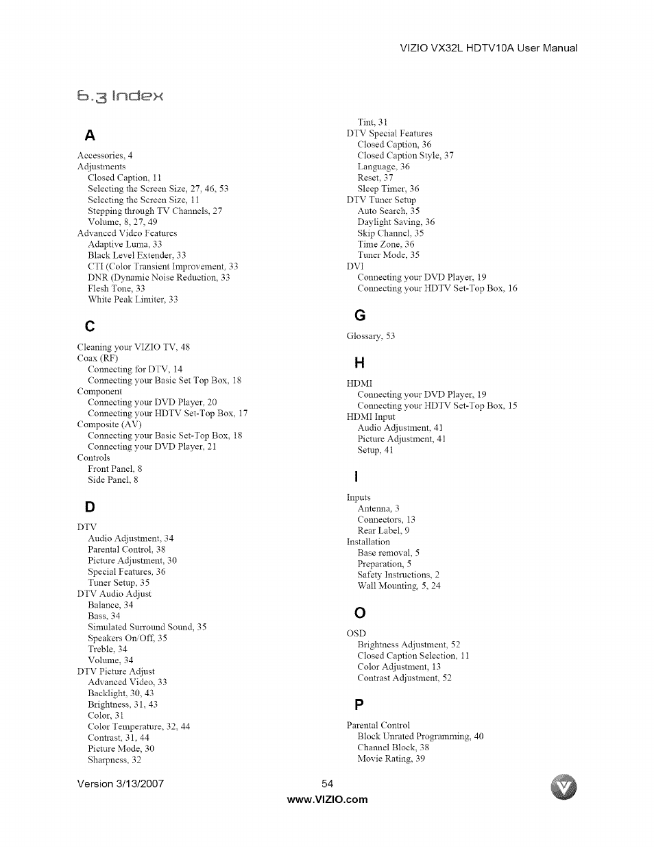 Fo.3 index | Vizio VX32L User Manual | Page 54 / 55