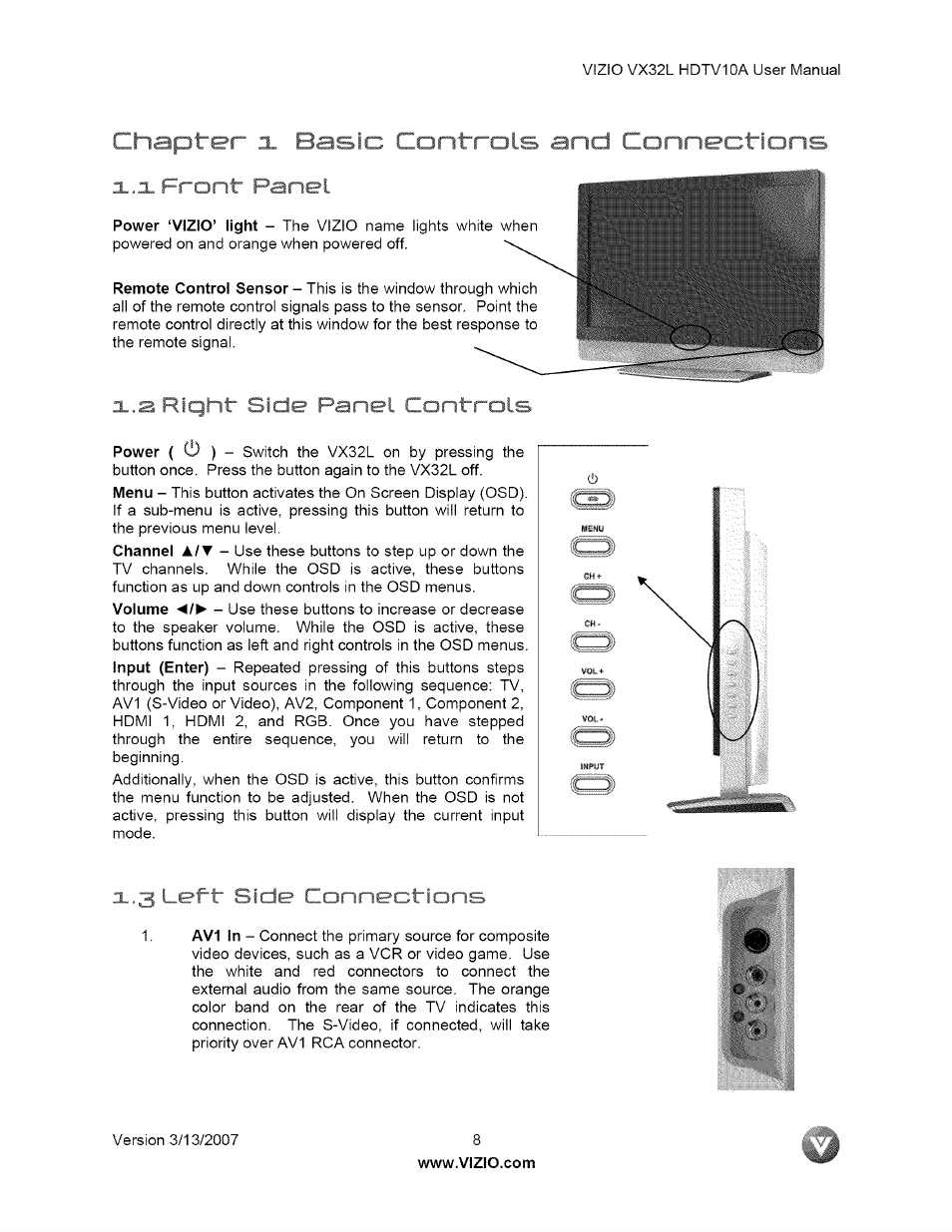 X.x frc‘1 i i <i el, R f • )f j f ? je panel controls, 5 -'i t r ^ connections | T f '' ’’ f ’ ^ / i jìtcd f | Vizio VX32L User Manual | Page 8 / 55