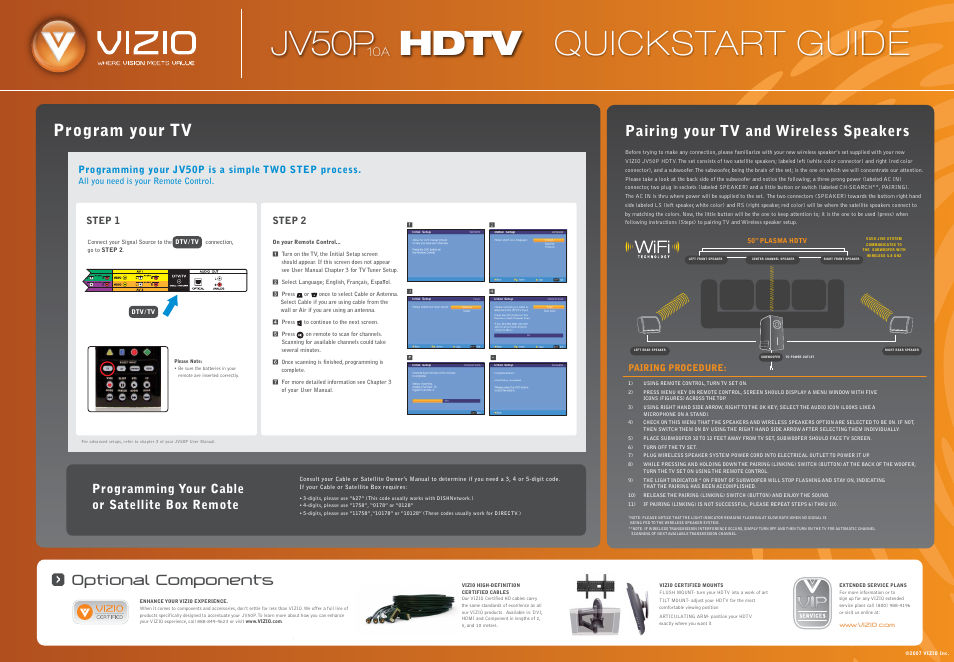 Jv50p hdtv quickstart guide, Program your tv, Optional components | Pairing your tv and wireless speakers, Programming your cable or satellite box remote, Step 2, Pairing procedure | Vizio JV50P User Manual | Page 2 / 2